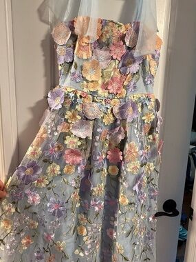 Just Me Light Blue Maxi Skirt with Pastel Floral Appliqués